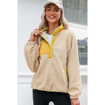 Dokotoo Womens Fuzzy Fleece Color Block Sweatshirt Jackets Quarter Button V Neck Long Sleeve Loose Casual Side Pockets Cute Soft Pullover Sweatshirts Tops Cozy Fall Winter Outwear Coat Khaki X-Large