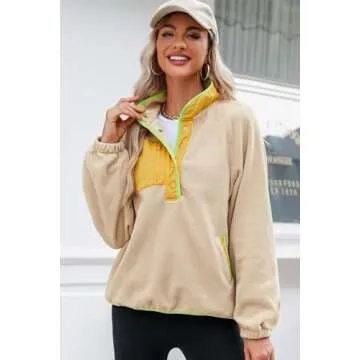 Dokotoo Womens Fuzzy Fleece Color Block Sweatshirt Jackets Quarter Button V Neck Long Sleeve Loose Casual Side Pockets Cute Soft Pullover Sweatshirts Tops Cozy Fall Winter Outwear Coat Khaki X-Large