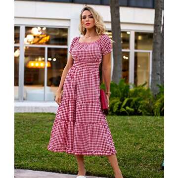 BTFBM Women Casual Short Sleeve Plaid Maxi Dresses Off Shoulder Vintage Dress Square Neck Gingham Be...