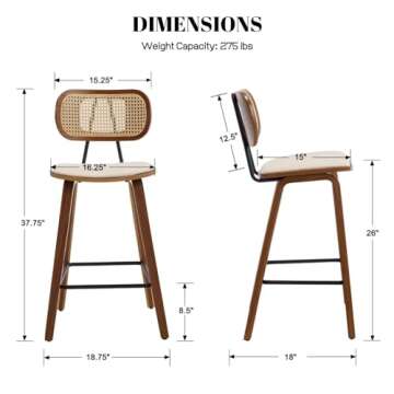 DUOMAY Modern Bar Stools Set of 2, 26" Counter Height Barstools with Rattan Back, PU Upholstered Kit...