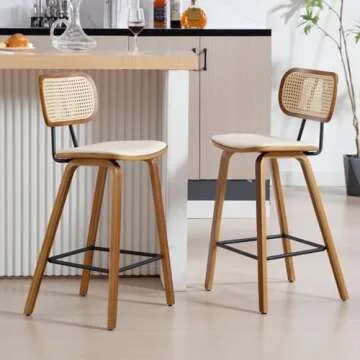 DUOMAY Modern Bar Stools Set of 2, 26" Counter Height Barstools with Rattan Back, PU Upholstered Kitchen Island Chair with Solid Wood Legs for Home Bar Coffee Shop, Beige