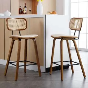 DUOMAY Modern Bar Stools Set of 2, 26" Counter Height Barstools with Rattan Back, PU Upholstered Kitchen Island Chair with Solid Wood Legs for Home Bar Coffee Shop, Beige