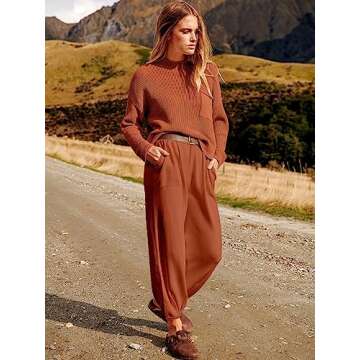 ANRABESS Women's Two Piece Outfits Long Sleeve Knit Top Fall Sweater Set Oversized Pants Tracksuit Lounge Sets Rust Small