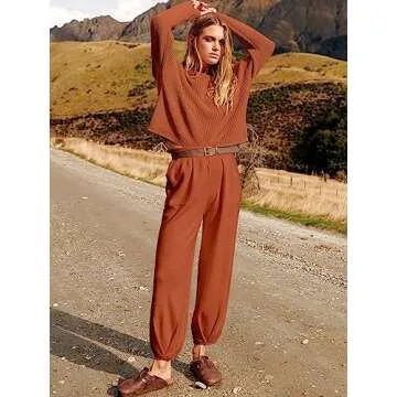 ANRABESS Women's Two Piece Outfits Long Sleeve Knit Top Fall Sweater Set Oversized Pants Tracksuit Lounge Sets Rust Small