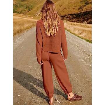 ANRABESS Women's Two Piece Outfits Long Sleeve Knit Top Fall Sweater Set Oversized Pants Tracksuit Lounge Sets Rust Small