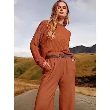 ANRABESS Women's Two Piece Outfits Long Sleeve Knit Top Fall Sweater Set Oversized Pants Tracksuit Lounge Sets Rust Small