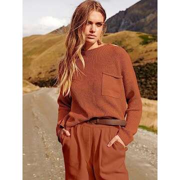 ANRABESS Women's Two Piece Outfits Long Sleeve Knit Top Fall Sweater Set Oversized Pants Tracksuit Lounge Sets Rust Small
