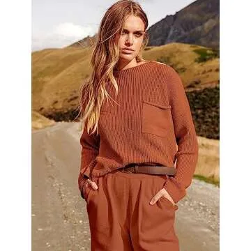 ANRABESS Women's Two Piece Outfits Long Sleeve Knit Top Fall Sweater Set Oversized Pants Tracksuit Lounge Sets Rust Small