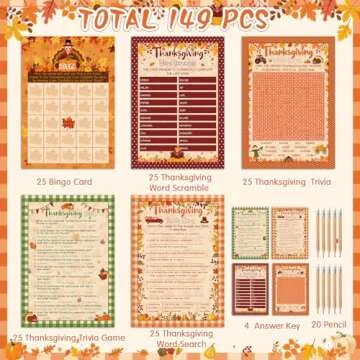 Pasimy 149 Pcs Thanksgiving Party Games 25 Players Thanksgiving Word Search Scramble Bingo Card Trivia Game for Fall Family Activities Party Game Supplies