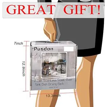 PUSDON Over Sink Dish Drying Rack Stainless Steel, Adjustable Large Dish Drainer for Storage Kitchen Organization Black 2 Tier - Standard(26"-38")