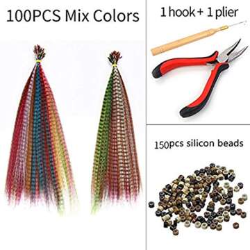 SARLA Feather Hair Extensions Kit Synthetic 16 Inch 100 Pcs I-tip Hair Feathers for Girls Women 10 Mixed Colors with Plier Hook Beads Heat Friendly Fiber