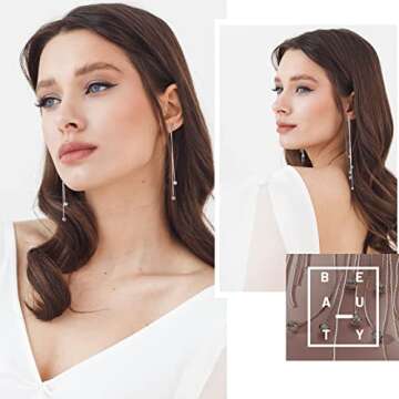 4 Pairs Long Tassel Dangle Drop Earrings women Metal Chain Earrings Fake Crystal Pearl Rhinestone Wedding Formal Jewelry(Elegant Style)