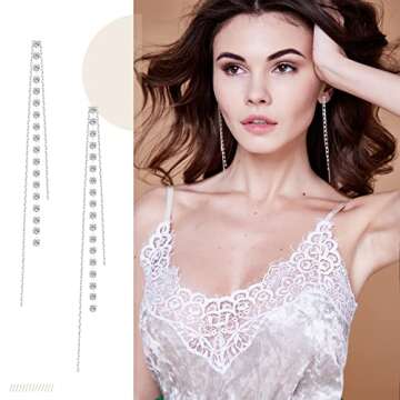 4 Pairs Long Tassel Dangle Drop Earrings women Metal Chain Earrings Fake Crystal Pearl Rhinestone Wedding Formal Jewelry(Elegant Style)