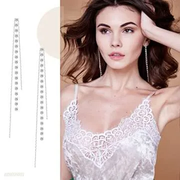 4 Pairs Long Tassel Dangle Drop Earrings women Metal Chain Earrings Fake Crystal Pearl Rhinestone Wedding Formal Jewelry(Elegant Style)