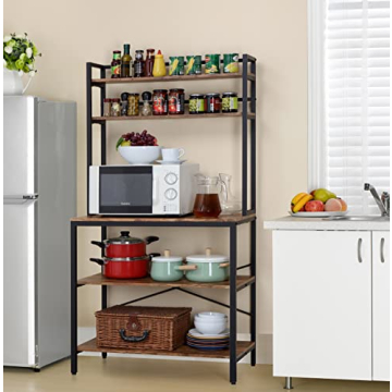 Finnhomy 5-Tier Kitchen Bakers Rack with Storage, Freestanding Microwave Oven Stand with Hutch, Wood Kitchen Rack with Shelves for Living Room/Pantry, 15.75" D x 31.5" W x 67.5" H, Rustic Brown
