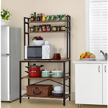 Finnhomy 5-Tier Kitchen Bakers Rack with Storage, Freestanding Microwave Oven Stand with Hutch, Wood Kitchen Rack with Shelves for Living Room/Pantry, 15.75" D x 31.5" W x 67.5" H, Rustic Brown