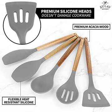 Zulay Kitchen Utensils Set Non-Stick Silicone Cooking Utensils Set with Authentic Acacia Wood Handles -5 Piece Silicone Utensil Set - Silicone Kitchen Utensils Set with 464°F Heat Resistance-Dark Gray