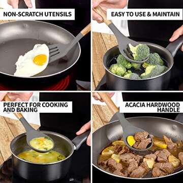 Zulay Kitchen Utensils Set Non-Stick Silicone Cooking Utensils Set with Authentic Acacia Wood Handles -5 Piece Silicone Utensil Set - Silicone Kitchen Utensils Set with 464°F Heat Resistance-Dark Gray
