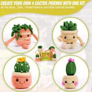 MODDA Crochet Kit for Beginners - Beginner Crochet Starter Kit with Easy-to-Follow Video Tutorials, Learn to Crochet Kits for Adults and Kids, DIY Knitting Supplies, Cactus Kit, 4 Pack Plants Family