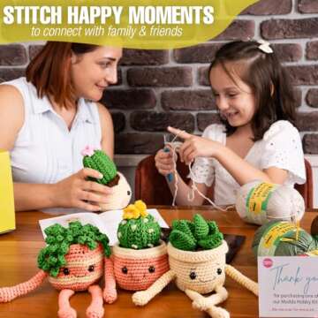 MODDA Crochet Kit for Beginners - Beginner Crochet Starter Kit with Easy-to-Follow Video Tutorials, Learn to Crochet Kits for Adults and Kids, DIY Knitting Supplies, Cactus Kit, 4 Pack Plants Family