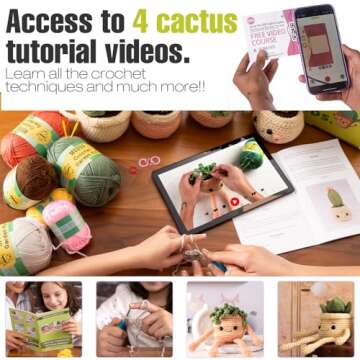 MODDA Crochet Kit for Beginners - Beginner Crochet Starter Kit with Easy-to-Follow Video Tutorials, Learn to Crochet Kits for Adults and Kids, DIY Knitting Supplies, Cactus Kit, 4 Pack Plants Family