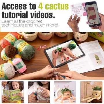 MODDA Crochet Kit for Beginners - Beginner Crochet Starter Kit with Easy-to-Follow Video Tutorials, Learn to Crochet Kits for Adults and Kids, DIY Knitting Supplies, Cactus Kit, 4 Pack Plants Family