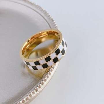 Checkerboard Statement Ring: Gold & Titanium Steel Fashion