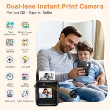 Kids Camera Instant Print, Dual-Lens 48MP Digital Camera for Christmas Birthday Gifts, 1080P Selfie ...