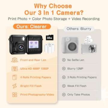 Kids Camera Instant Print, Dual-Lens 48MP Digital Camera for Christmas Birthday Gifts, 1080P Selfie Instant Cameras for Kids with 32GB Card, Instant Print Digital Camera for Girls Boys-Black