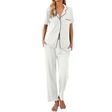 Ekouaer Women Pajamas Set Button Down Sleepwear Short Sleeve Nightwear with Long Pants Soft Pjs Set ...