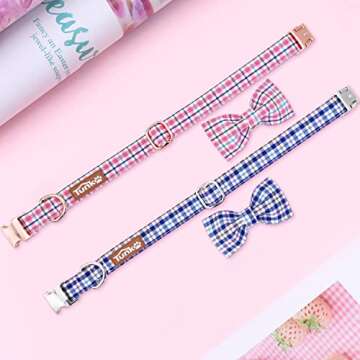 Tunkoo Dog Collar with Bow Tie Elegant Plaid Soft Comfy Cotton Adjustable Collar Premium Metal Buckle,Small Medium Large Puppy Cat Outdoor Training Walking Running（Pink Grid，S）