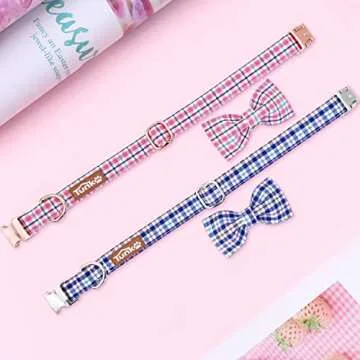 Tunkoo Dog Collar with Bow Tie Elegant Plaid Soft Comfy Cotton Adjustable Collar Premium Metal Buckle,Small Medium Large Puppy Cat Outdoor Training Walking Running（Pink Grid，S）
