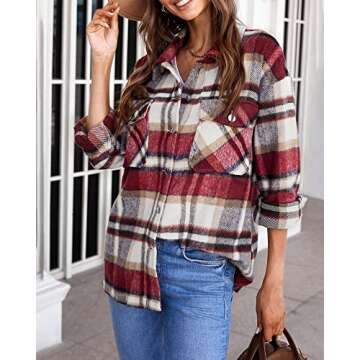 BTFBM Womens Plaid Jacket Long Sleeve Button Down Casual Flannel Shacket Shirts Loose Fall Spring Blouses Tops 2025(Plaid Print Red, Medium)