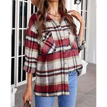 BTFBM Womens Plaid Jacket Long Sleeve Button Down Casual Flannel Shacket Shirts Loose Fall Spring Blouses Tops 2025(Plaid Print Red, Medium)