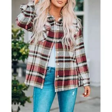 BTFBM Womens Plaid Jacket Long Sleeve Button Down Casual Flannel Shacket Shirts Loose Fall Spring Blouses Tops 2025(Plaid Print Red, Medium)