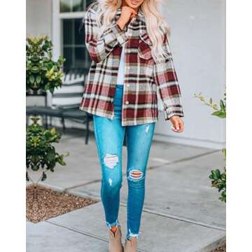 BTFBM Womens Plaid Jacket Long Sleeve Button Down Casual Flannel Shacket Shirts Loose Fall Spring Blouses Tops 2025(Plaid Print Red, Medium)