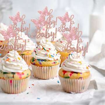 Rsstarxi 24 Pack Butterfly Oh Baby Cupcake Toppers Glitter Baby Shower Butterfly Cupcake Picks Kids Birthday Baby Shower Butterfly Theme Party Decorations Supplies Rose Gold.