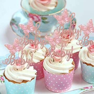 Rsstarxi 24 Pack Butterfly Oh Baby Cupcake Toppers Glitter Baby Shower Butterfly Cupcake Picks Kids Birthday Baby Shower Butterfly Theme Party Decorations Supplies Rose Gold.