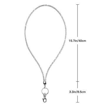 Soleebee Rhinestone Office Lanyard, 31.5'' Bling Neck Lanyard with Metal Clasp & Keyring, Crystal Lanyard for Women, ID Card, Keys Strap (Silver)