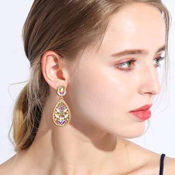 EleQueen Women's Wedding Bridal Austrian Crystal Bohemia Teardrop Chandelier Dangle Earrings Iridescent Clear Gold-Tone
