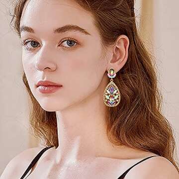 EleQueen Women's Wedding Bridal Austrian Crystal Bohemia Teardrop Chandelier Dangle Earrings Iridescent Clear Gold-Tone