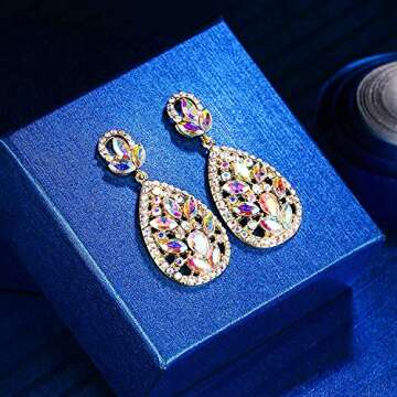 EleQueen Women's Wedding Bridal Austrian Crystal Bohemia Teardrop Chandelier Dangle Earrings Iridescent Clear Gold-Tone