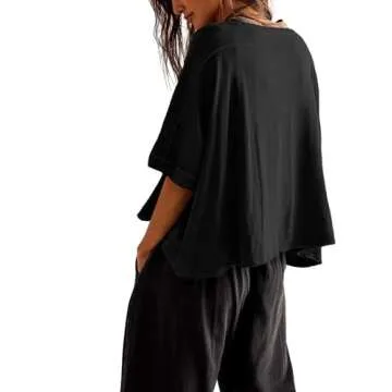 Tankaneo Womens Oversized T-Shirts Cropped Summer Casual Short Sleeve Loose Fit Tee Tops Black