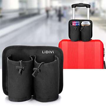 LiDiVi Luggage Cup Holder with Adjustable Velcro & Zipper Pocket, Free Your Hand - Hold Two Coffee M...