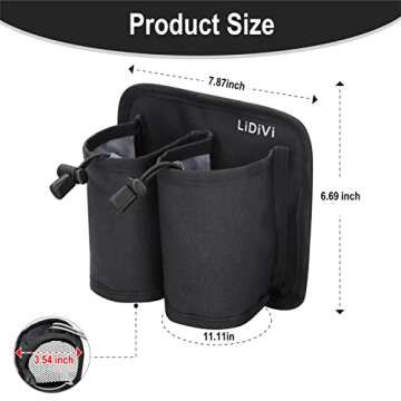 LiDiVi Luggage Cup Holder with Adjustable Velcro & Zipper Pocket, Free Your Hand - Hold Two Coffee Mugs for Most Suitcase Handle, Travelers Accessories for Airplane, Gifts for Travelers Women(Black)