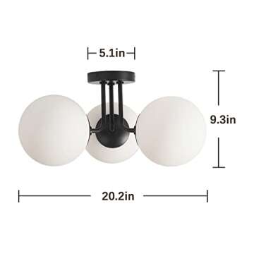 Pirxxiy Soft Black 3 Lights Semi Flush Mount Ceiling Light Fixture, Frosted Glass Shade Vintage Clos...