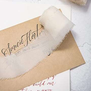 LIUYAXI Handmade Fringe Chiffon Silk Ribbon 1-3/4" x 7Yd, 4 Rolls Ivory Ribbons Set Perfect for Wedding Invitations Bridal Bouquets Gifts Wrapping DIY Craft