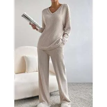 SHEWIN Womens Pajama Sets Long Sleeve 2 Piece Outfits Lounge Set Ribbed Knit causal Sweatsuits Spring Outfits for Women 2025 Khaki S