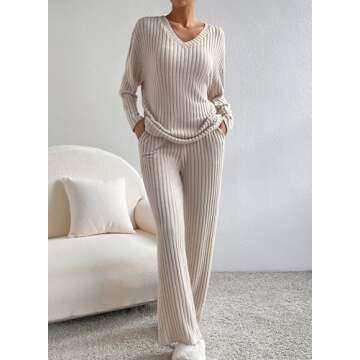 SHEWIN Womens Pajama Sets Long Sleeve 2 Piece Outfits Lounge Set Ribbed Knit causal Sweatsuits Spring Outfits for Women 2025 Khaki S