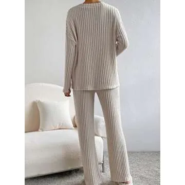 SHEWIN Womens Pajama Sets Long Sleeve 2 Piece Outfits Lounge Set Ribbed Knit causal Sweatsuits Spring Outfits for Women 2025 Khaki S